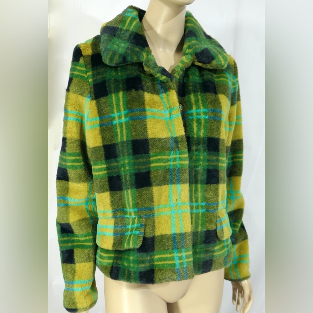 Green and Yellow Plaid Fur Jacket